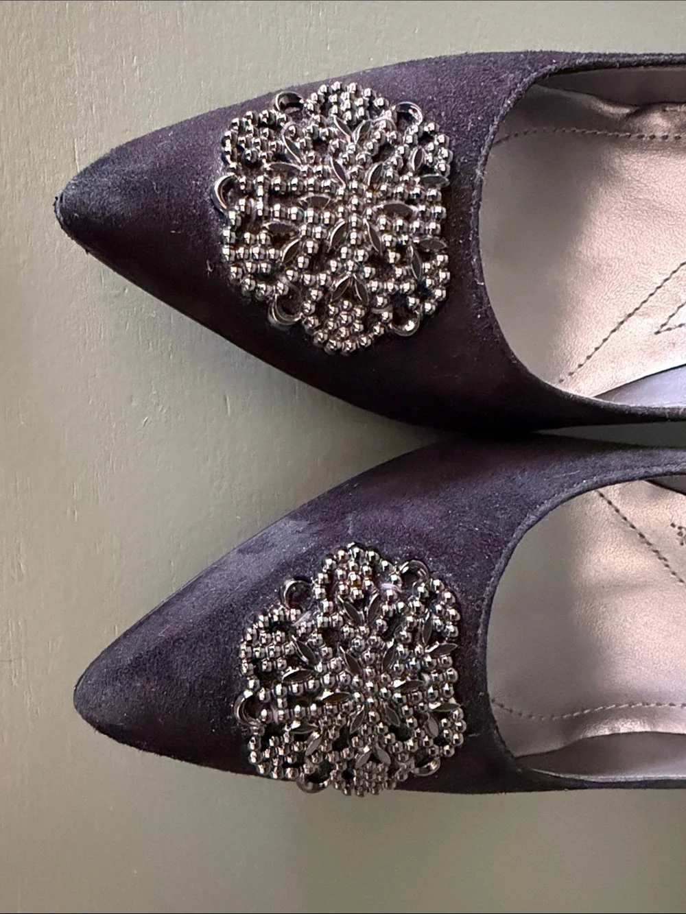 Tahari Black Pointed-Toe Heels with Metallic Brooch Detail